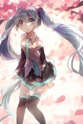 Rule 34 | 1girl, aqua hair, blue eyes, cherry blossoms, detached sleeves, gradient background, hatsune miku, headphones, highres, long hair, looking at viewer, necktie, skirt, smile, solo, thighhighs, twintails, very long hair, vocaloid, you hashira