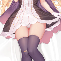 Rule 34 | 1girl, bandaid, bandaid on knee, bandaid on leg, bed sheet, blonde hair, cape, clothes lift, cropped, dress, dress lift, gloves, gluteal fold, head out of frame, highres, holding, holding clothes, little witch nobeta, long hair, lying, nobeta, official art, on back, panties, pantyshot, purple cape, purple thighhighs, short dress, solo, striped clothes, striped dress, thighhighs, thighs, underwear, vertical-striped clothes, vertical-striped dress, very long hair, white gloves, white panties
