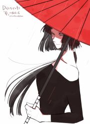 1girl anita_(d.gray-man) bare_shoulders black_hair black_shirt collarbone d.gray-man floating_hair grey_eyes highres holding holding_umbrella kozuuu long_hair looking_down low_ponytail mature_female ponytail rain red_umbrella shirt smile solo umbrella white_background