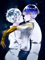 Rule 34 | androgynous, antarcticite, blue eyes, blue hair, finger to mouth, gender request, golden arms, highres, houseki no kuni, hug, looking at another, pajamas, phosphophyllite, phosphophyllite (ll), profile, see-through, short hair, sky, smile, spoilers, star (sky), starry sky, white eyes, white hair