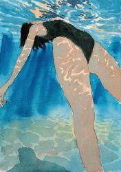 Rule 34 | 1girl, armpits, bare arms, black hair, black one-piece swimsuit, commentary, day, english commentary, facing up, highres, korean commentary, legs, mixed-language commentary, one-piece swimsuit, original, outdoors, painting (medium), refraction, seong ryul, shadow, short hair, solo, swimsuit, thighs, traditional media, underwater, watercolor (medium)