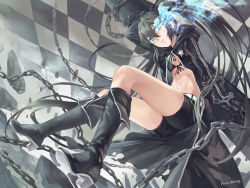 Rule 34 | 1girl, azomo, bikini, bikini top only, black bikini, black footwear, black gloves, black hair, black rock shooter, black rock shooter (character), black shorts, blue eyes, boots, chain, checkered background, flaming eye, flat chest, floating hair, front-tie bikini top, front-tie top, full body, gloves, hair between eyes, long hair, parted lips, short shorts, shorts, signature, solo, swimsuit, twintails, very long hair