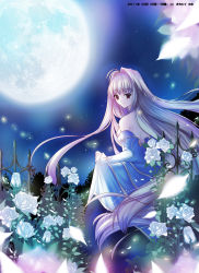 Rule 34 | 00s, 10s, 1girl, 2011, alternate costume, archetype earth, arcueid brunestud, bare shoulders, blonde hair, blurry, blush, clothes lift, depth of field, detached sleeves, dress, dress lift, female focus, flower, foreshortening, from behind, full moon, hair intakes, highres, kaho, kaho okashii, long hair, looking at viewer, looking back, moon, night, petals, red eyes, rose, sleeves past wrists, solo, standing, strapless, strapless dress, tsukihime, type-moon, very long hair, white flower, white rose