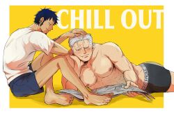Rule 34 | 2boys, abs, bara, black male underwear, blush, boxers, cheek bulge, couple, elbow rest, facial hair, feet out of frame, goatee, headpat, highres, holding, holding newspaper, large pectorals, long sideburns, male focus, male underwear, mature male, medium sideburns, multiple boys, muscular, muscular male, muscular uke, newspaper, nipples, one piece, pectorals, reading, scar, scar on face, scar on forehead, short hair, short shorts, shorts, sideburns, sideburns stubble, smile, smoker (one piece), sparse stubble, stitches, stubble, toitoi 33, topless male, trafalgar law, tsurime, underwear, white hair, yaoi