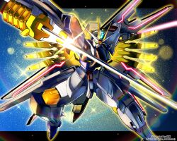 Rule 34 | beam saber, check commentary, commentary request, dual wielding, energy sword, english text, gundam, gundam seed, gundam seed destiny, gundam seed freedom, highres, holding, holding sword, holding weapon, katana, light particles, looking at viewer, mecha, mighty strike freedom gundam, no humans, robo robotarou, robot, science fiction, solo, sparkle, spoilers, strike freedom gundam, sword, twitter username, v-fin, weapon, yellow eyes