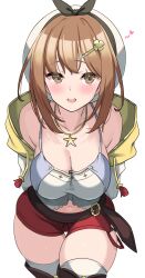 Rule 34 | 1girl, arms behind back, atelier (series), atelier ryza, atelier ryza 1, belt, beret, blush, breasts, brown eyes, brown hair, commentary request, hair between eyes, hair ornament, hat, highres, kibihimi, large breasts, looking at viewer, navel, open mouth, reisalin stout, shorts, solo, thighhighs, thighs