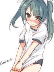 Rule 34 | 10s, 1girl, blush, buruma, covering privates, covering crotch, embarrassed, furrowed brow, green hair, gym uniform, hair ribbon, highres, kantai collection, maruki (punchiki), pulled by self, ribbon, shirt tug, simple background, sketch, solo, sweat, twintails, twitter username, wavy mouth, white background, zuikaku (kancolle)
