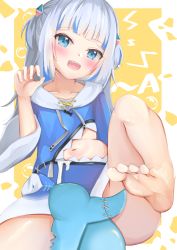 Rule 34 | 1girl, :d, a (phrase), barefoot, between legs, blue eyes, blue hair, blunt bangs, blush, clothing cutout, collarbone, fins, fish tail, gawr gura, gawr gura (1st costume), highres, hololive, hololive english, hood, hood down, hoodie, long hair, midriff, minertime, multicolored hair, navel, navel cutout, no panties, open mouth, shark girl, shark tail, sharp teeth, silver hair, smile, tail, tail between legs, teeth, two-tone hair, two side up, virtual youtuber