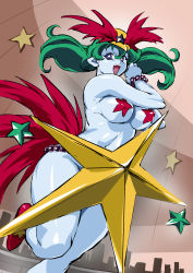 Rule 34 | 1girl, bishoujo senshi sailor moon, bishoujo senshi sailor moon s, blue eyes, blue skin, bracelet, breasts, bright pupils, colored skin, cowboy shot, curvy, demon girl, green hair, highres, indoors, jewelry, large breasts, long hair, looking at viewer, mamesi (suhk8583), naughty face, pasties, pointy ears, red footwear, revealing clothes, shiny skin, shoes, solo, standing, standing on one leg, star-shaped pupils, star (symbol), star pasties, symbol-shaped pupils, thighs, twintails, uchoten (sailor moon), wide hips, yellow headwear