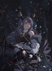 Rule 34 | 1girl, arknights, bare shoulders, black dress, bow (weapon), closed mouth, coat, commentary, compound bow, cowboy shot, dress, drill hair, expressionless, grey coat, gu0st, highres, holding, holding bow (weapon), holding weapon, horns, horns removed, laser sight, long hair, long sleeves, looking to the side, off shoulder, purple eyes, purple hair, short dress, sleeveless, sleeveless dress, snowing, solo, tree, typhon (arknights), very long hair, weapon