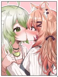 Rule 34 | 2girls, absurdres, ahoge, animal ear fluff, animal ear piercing, animal ears, apron, bare shoulders, blue apron, blush, braid, cat ears, cat girl, commission, facial mark, ferret ears, ferret girl, green eyes, green hair, hair ribbon, highres, kiss, laimu (vtuber), lime necklace, long hair, multicolored hair, multiple girls, orange hair, pink background, pink sweater, pointy nose, red eyes, ribbon, second-party source, shyrei faolan, simple background, single braid, skeb commission, sweater, two-tone hair, u da desu, vinesauce, virtual youtuber, vyugen, whisker markings, white apron, white hair, white sweater, yuri