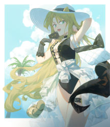 Rule 34 | 1girl, animal ears, arknights, black gloves, black one-piece swimsuit, blonde hair, blurry, bracelet, breasts, casual one-piece swimsuit, choker, cleavage, clothes around waist, depth of field, fang, gloves, green eyes, highres, jewelry, long hair, looking at viewer, medium breasts, mie lu, one-piece swimsuit, open mouth, palm tree, partially fingerless gloves, single glove, smile, solo, swimsuit, swire (arknights), tail, thigh strap, tiger ears, tiger girl, tiger tail, tree