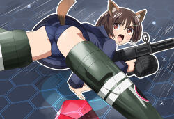 Rule 34 | 1girl, animal ears, ass, blue one-piece swimsuit, blush, bouncing ass, brave witches, brown eyes, brown hair, gun, hair ornament, hairclip, hosoinogarou, karibuchi hikari, looking at viewer, looking back, military, military uniform, neuroi, one-piece swimsuit, open mouth, rifle, shiny skin, short hair, solo, spread legs, squirrel ears, squirrel tail, striker unit, swimsuit, tail, uniform, weapon, world witches series