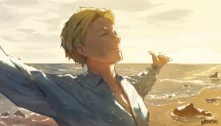 Rule 34 | 1boy, absurdres, blonde hair, blue shirt, closed eyes, closed mouth, cloud, collared shirt, evening, highres, horizon, jujutsu kaisen, kapxapius, male focus, nanami kento, ocean, outstretched arms, sand, shirt, short hair, solo, water
