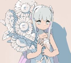 Rule 34 | 1girl, blue eyes, blue hair, blunt bangs, bouquet, closed mouth, commentary request, expressionless, flower, hair ornament, holding, holding bouquet, indie virtual youtuber, kaizuka (mintfield), long hair, looking at viewer, shirt, sleeveless, sleeveless shirt, solo, somunia, sunflower, upper body, virtual youtuber, white shirt