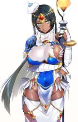 Rule 34 | 1girl, armor, black hair, blue eyes, breasts, dark-skinned female, dark skin, dress, fate/grand order, fate (series), gijang, hair ornament, hat, jewelry, lips, long hair, mask, open mouth, scheherazade (fate), solo, staff, thighs, weapon, wide hips