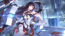 Rule 34 | 1girl, bandages, bare shoulders, belt, benghuai xueyuan, black hair, black skirt, braid, breasts, building, cannon, closed eyes, cloud, cloudy sky, collarbone, commentary request, criss-cross halter, detached sleeves, diffraction spikes, expressionless, halterneck, head tilt, honkai (series), japanese clothes, large breasts, light, long hair, looking away, machinery, miniskirt, outdoors, pleated skirt, rain, red eyes, sarashi, shirt, single thighhigh, skirt, sky, solo, sougishi ego, thigh strap, thighhighs, very long hair, water, white shirt, white thighhighs, wide sleeves, zettai ryouiki
