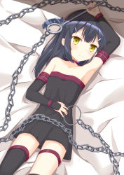 Rule 34 | 1girl, arm up, armpits, aroma0501, asymmetrical legwear, bare shoulders, bed sheet, black dress, black hair, black thighhighs, blush, breasts, chain, child, closed mouth, collarbone, commentary request, cosplay, detached sleeves, dress, fate/kaleid liner prisma illya, fate/stay night, fate (series), fingernails, hair between eyes, highres, holding, long hair, long sleeves, looking at viewer, lying, medusa (fate), medusa (rider) (fate), medusa (rider) (fate) (cosplay), miyu edelfelt, nameless dagger (fate), on back, sidelocks, sleeves past wrists, small breasts, solo, strapless, strapless dress, thighhighs, uneven legwear, yellow eyes