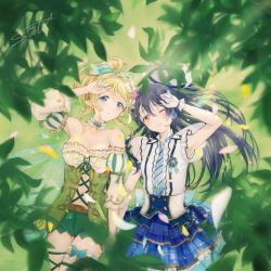 Rule 34 | 2girls, ayase eli, blonde hair, blue eyes, blue hair, choker, commentary request, from above, gloves, hair ribbon, holding hands, interlocked fingers, long hair, love live!, love live! school idol project, lying, multiple girls, on back, one eye closed, pointy ears, ponytail, ribbon, signature, sonoda umi, suito, white gloves, yellow eyes, yuri