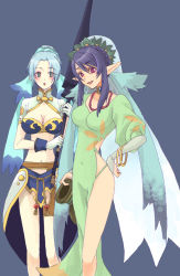 Rule 34 | 2girls, :o, aqua hair, blue background, blue hair, blush, bracelet, braid, breasts, bridal gauntlets, choker, cleavage, contcouret, cosplay, costume switch, crop top, dress, flower, gloves, green eyes, grune (tales), grune (tales) (cosplay), grune (tales of legendia) (cosplay), hair flower, hair ornament, hand on own hip, hip focus, jewelry, judith (tales), judith (cosplay), long hair, midriff, multicolored hair, multiple girls, navel, necklace, pointy ears, polearm, purple eyes, rope, short hair, sidelocks, silver hair, smile, spear, tales of (series), tales of legendia, tales of vesperia, twintails, veil, weapon