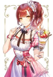 Rule 34 | 1girl, bad id, bad pixiv id, belt, black neckwear, blush, bow, breasts, commentary request, cowboy shot, cream, detached collar, dress, food, food on face, foreshortening, frills, fruit, hair ornament, hair scrunchie, highres, holding, holding spoon, ice cream, kim eb, long hair, looking at viewer, medium breasts, orange eyes, original, parfait, pink dress, plaid, plaid dress, polka dot, polka dot bow, puffy short sleeves, puffy sleeves, red bow, red hair, ribbon, scrunchie, short sleeves, side ponytail, solo, spoon, strawberry, white scrunchie, x hair ornament