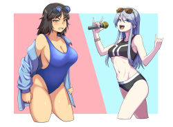 Rule 34 | 2girls, bare shoulders, blue eyes, blue hair, blush, breasts, brown eyes, brown hair, cleavage, collarbone, competition swimsuit, cowboy shot, eyewear on head, highres, holding, holding microphone, jacket, large breasts, long hair, looking at viewer, medium breasts, medium hair, microphone, midriff, multiple girls, navel, one-piece swimsuit, open mouth, original, sideboob, sleeveless, stomach, sunglasses, swimsuit, teeth, tongue, underboob, yougata