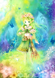Rule 34 | 1girl, ahoge, bare shoulders, blue hair, bug, butterfly, colorful, commentary, corset, flower, gradient hair, green eyes, green hair, green pantyhose, head wreath, highres, insect, jewelry, juliet sleeves, long hair, long sleeves, multicolored hair, necklace, original, pantyhose, pointy ears, puffy sleeves, sei mutsuki, solo, standing, tareme, vocaloid