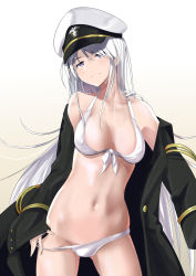 Rule 34 | 1girl, azur lane, bare shoulders, bikini, bikini tug, blush, breasts, closed mouth, coat, collarbone, covered erect nipples, cowboy shot, enterprise (azur lane), front-tie top, gradient background, hair over one eye, hat, head tilt, highres, large breasts, long hair, long sleeves, looking at viewer, navel, off shoulder, open clothes, open coat, peaked cap, purple eyes, schreibe shura, sidelocks, silver hair, simple background, sleeve cuffs, solo, stomach, swimsuit, very long hair, white bikini