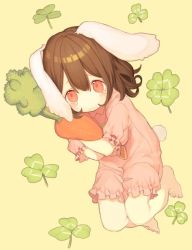 Rule 34 | 1girl, animal ears, bad id, bad pixiv id, barefoot, blush, breasts, brown hair, carrot, clothes lift, clover, clover (flower), dress, dress lift, flower, four-leaf clover, hug, inaba tewi, jewelry, kitada mo, lying, navel, necklace, on back, rabbit ears, rabbit tail, red eyes, simple background, skirt, small breasts, solo, tail, tears, touhou, yellow background
