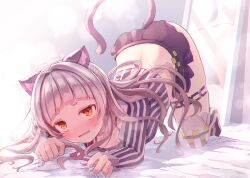 Rule 34 | 1girl, absurdres, animal ears, arched bangs, bed, black skirt, blush, cat ears, cat girl, cat tail, cropped shirt, full body, grey hair, grey shirt, grey thighhighs, highres, hololive, light censor, long hair, long sleeves, looking at viewer, miniskirt, mirror, murasaki shion, murasaki shion (1st costume), no headwear, no panties, no shoes, open mouth, parted hair, reflection, shirt, short eyebrows, skirt, solo, striped clothes, striped shirt, striped thighhighs, tail, thighhighs, thighlet, top-down bottom-up, vertical-striped clothes, vertical-striped shirt, vertical-striped thighhighs, virtual youtuber, yellow eyes, yoharu tao
