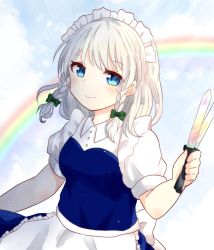 Rule 34 | 1girl, apron, blue dress, braid, closed mouth, commentary request, dress, frilled apron, frills, happy, highres, holding, holding knife, izayoi sakuya, knife, maid, maid apron, maid headdress, one-hour drawing challenge, pppia725, puffy short sleeves, puffy sleeves, rainbow, rainbow gradient, short sleeves, smile, solo, touhou, twin braids, unconnected marketeers, waist apron, white apron, white hair