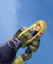 Rule 34 | 1girl, agrias oaks, armor, blonde hair, blue background, braid, breasts, brown eyes, corset, cowboy shot, dutch angle, expressionless, final fantasy, final fantasy tactics, gloves, knight, long hair, looking at viewer, parted lips, pauldrons, sachiwo, shoulder armor, sidelocks, simple background, single braid, solo, standing