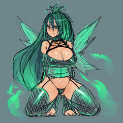 Rule 34 | 1girl, bare shoulders, blush, breasts, choker, chrysalis (my little pony), cleavage, crown, elbow gloves, garter straps, gloves, green eyes, green hair, heart, heart panties, heart print, highleg, highleg panties, highres, huge breasts, kneeling, large breasts, maniacpaint, matching hair/eyes, my little pony, my little pony: friendship is magic, o-ring, o-ring top, panties, personification, print panties, smile, solo, thighhighs, underwear, wings