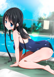 Rule 34 | 1girl, all fours, ass, barefoot, black hair, blue eyes, blush, breasts, chain-link fence, cloud, competition school swimsuit, day, fence, ladder, large breasts, lens flare, long hair, one-piece swimsuit, open mouth, original, pool, poolside, ragho no erika, school swimsuit, sky, solo, swimsuit, wet