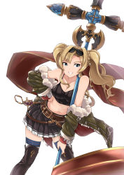 Rule 34 | 1girl, :d, absurdres, blonde hair, blue eyes, boots, breasts, cleavage, collarbone, commentary request, eyewear on head, flyingfish-mat, fur-trimmed jacket, fur trim, granblue fantasy, grin, hand on own hip, highres, jacket, leaning forward, long hair, looking at viewer, medium breasts, midriff, navel, open clothes, open jacket, open mouth, pleated skirt, polearm, skirt, smile, solo, spear, sunglasses, thigh boots, thigh strap, thighhighs, twintails, weapon, zeta (dark) (granblue fantasy), zeta (granblue fantasy)