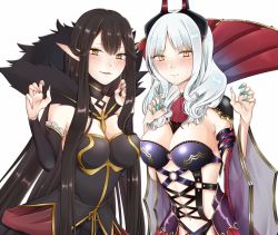 Rule 34 | 2girls, aqua nails, bare shoulders, black dress, blush, breasts, brown hair, carmilla (fate), claw pose, cleavage, ascot, detached sleeves, dress, fate/apocrypha, fate/grand order, fate (series), fingernails, fur trim, horns, large breasts, long fingernails, long hair, looking at viewer, multiple girls, nail polish, navel, parted lips, pointy ears, see-through, semiramis (fate), silver hair, simple background, slit pupils, sweatdrop, umehitonekomi, white background, yellow eyes