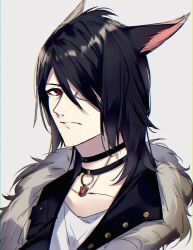 Rule 34 | 1boy, absurdres, animal ears, black hair, cat ears, choker, chromatic aberration, final fantasy, final fantasy xiv, fur trim, grey background, hair over one eye, highres, jacket, jewelry, looking at viewer, male focus, medium hair, miqo&#039;te, motsuni (lxxe1120), one eye covered, pendant, portrait, red eyes, simple background, solo, warrior of light (ff14)