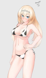 Rule 34 | 1girl, absurdres, animal print, bikini, blonde hair, blue eyes, breasts, contrapposto, cow print, dated, grey background, hand on own hip, highres, kantai collection, large breasts, long hair, looking at viewer, maru (marg0613), side-tie bikini bottom, simple background, solo, swimsuit, tiara, twitter username, victorious (kancolle), white bikini