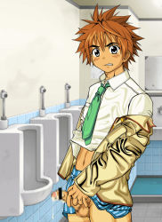 Rule 34 | 1boy, blush, brown hair, censored, character request, clenched teeth, clothes lift, collared shirt, crossdressing, cum, erection, green necktie, indoors, jacket, long sleeves, looking at viewer, male focus, male pubic hair, miniskirt, mosaic censoring, necktie, penis, pointless censoring, pubic hair, school, school uniform, shirt, shirt lift, skirt, solo, source request, spiked hair, striped clothes, striped skirt, teeth, testicles, toilet, underwear, undressing, urinal, vertical-striped clothes, vertical-striped skirt, white shirt