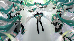 Rule 34 | 6+girls, absurdres, aqua eyes, aqua hair, aqua nails, aqua necktie, asahi kuroi, black sleeves, boots, breasts, closed eyes, detached sleeves, feathers, frilled skirt, frills, hands on own chest, hatsune miku, hatsune miku (append), hatsune miku (nt), hatsune miku (vocaloid3), hatsune miku (vocaloid4), hatsune miku (vocaloid4) (chinese), hatsune miku happy 16th birthday -dear creators-, highres, medium breasts, multiple girls, multiple persona, necktie, one eye closed, own hands clasped, own hands together, piapro, skirt, thigh boots, thighhighs, v4x, vocaloid, vocaloid append, white feathers, white wings, wings, zettai ryouiki