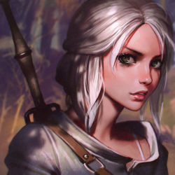 Rule 34 | 1girl, bad id, bad tumblr id, ciri, close-up, green eyes, half updo, ilya kuvshinov, lips, looking at viewer, parted lips, scar, short hair, silver hair, smile, solo, sword, the witcher (series), the witcher 3, upper body, weapon