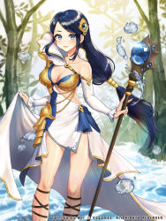Rule 34 | 1girl, bare shoulders, black hair, blush, breasts, cleavage, day, detached sleeves, epic souls, glint, hair ornament, highres, large breasts, long hair, looking at viewer, low-tied long hair, medium breasts, noixen, official art, outdoors, sidelocks, smile, solo, staff, standing, water, watermark