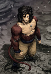 Rule 34 | 1990s (style), 1boy, abs, black hair, clenched hands, dragon ball, dragon ball gt, from above, full body, highres, juan frigeri, looking at viewer, male focus, monkey tail, muscular, rock, serious, solo, son goku, super saiyan, super saiyan 4, tail, wristband