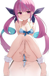 Rule 34 | 1girl, ankle cuffs, bare shoulders, barefoot, between legs, bikini, blue hair, blue ribbon, braid, breasts, cameltoe, cleavage, closed mouth, colored inner hair, drill hair, feet, frilled bikini, frills, full body, hair ribbon, halterneck, hand between legs, hands on own thighs, highres, hololive, knees together feet apart, knees up, light blush, long hair, medium breasts, minato aqua, minato aqua (hololive summer 2019), multicolored hair, open mouth, pink eyes, pink hair, reflection, ribbon, sideways glance, simple background, sitting, solo, striped bikini, striped clothes, swimsuit, twin drills, twintails, very long hair, virtual youtuber, white background, zhiyou ruozhe