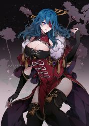 Rule 34 | 1girl, absurdres, artist name, beidou (genshin impact), beidou (genshin impact) (cosplay), black gloves, black thighhighs, blue eyes, blue hair, breasts, byleth (female) (fire emblem), byleth (fire emblem), cleavage, cleavage cutout, clothing cutout, commentary, cosplay, dress, elbow gloves, english commentary, eyepatch, fingerless gloves, fire emblem, fire emblem: three houses, fur trim, genshin impact, gloves, hair between eyes, hair ornament, hair stick, hand up, highres, large breasts, long hair, looking away, nintendo, parted lips, red dress, solo, souike, standing, thighhighs