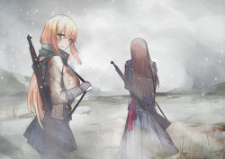 Rule 34 | absurdres, blonde hair, bolt action, brown hair, dirty, dirty clothes, girls&#039; frontline, gun, highres, holstered, looking back, m1903 springfield, m1 garand, m1 garand (girls&#039; frontline), macayase, rifle, snowing, springfield (girls&#039; frontline), weapon