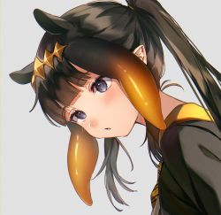 Rule 34 | 1girl, :o, alternate costume, black eyes, black hair, blush, crossover, grey background, harry potter (series), harui (hr x9 ), head tilt, highres, hololive, hololive english, hufflepuff, looking up, ninomae ina&#039;nis, open mouth, ponytail, school uniform, solo, tentacle hair, virtual youtuber, wizarding world