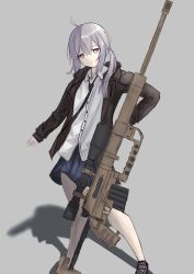 Rule 34 | 1girl, absurdres, black footwear, black jacket, black necktie, blue skirt, bolt action, cheytac m200, closed mouth, expressionless, full body, girls&#039; frontline, grey background, gun, hair ornament, hairclip, highres, holding, holding gun, holding weapon, jacket, light purple hair, long hair, looking at viewer, m200 (girls&#039; frontline), necktie, purple eyes, rifle, shirt, shoes, skirt, sniper rifle, solo, standing, weapon, wh1te, white shirt