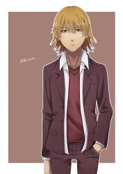 Rule 34 | 1boy, artist name, brown eyes, brown hair, closed mouth, collared shirt, commentary request, cowboy shot, hand in pocket, highres, jacket, kakine teitoku, looking at viewer, male focus, medium hair, open clothes, open jacket, open shirt, pants, red jacket, red pants, red shirt, school uniform, shirt, solo, standing, toaru majutsu no index, twitter username, watermark, white shirt, zack betsuaka