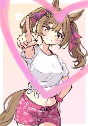Rule 34 | 1girl, animal ears, bow, breasts, brown hair, commentary, cowboy shot, english commentary, gaze on me! outfit (umamusume), grin, hair bow, head tilt, heart, highres, horse ears, horse girl, horse tail, male swimwear, medium hair, midriff, navel, outstretched arm, pointing, pointing at viewer, scrunchie, shirt, short sleeves, small breasts, smart falcon (umamusume), smile, solo, swim trunks, tail, tiara (871220), tied shirt, twintails, umamusume, wrist scrunchie, yellow eyes